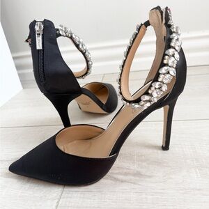 Jewel Badgley Mischka Black Satin Crystal-Ankle Pumps